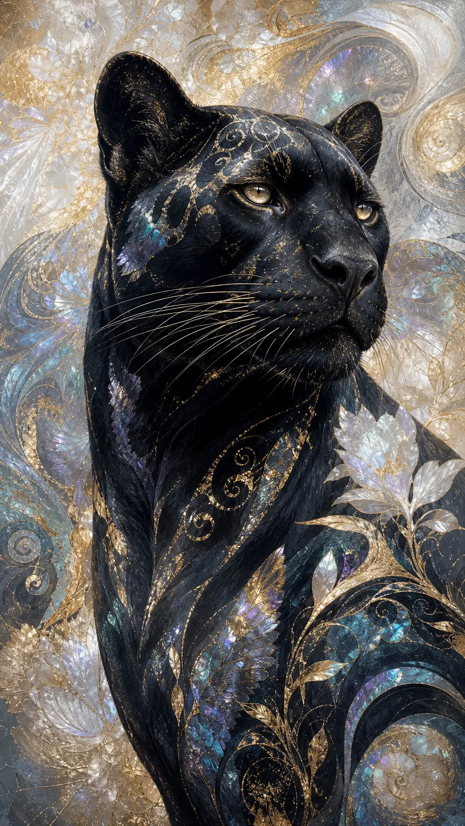 Schwarzer Panther mit goldenen Akzenten in abstrakter Mosaikkunst