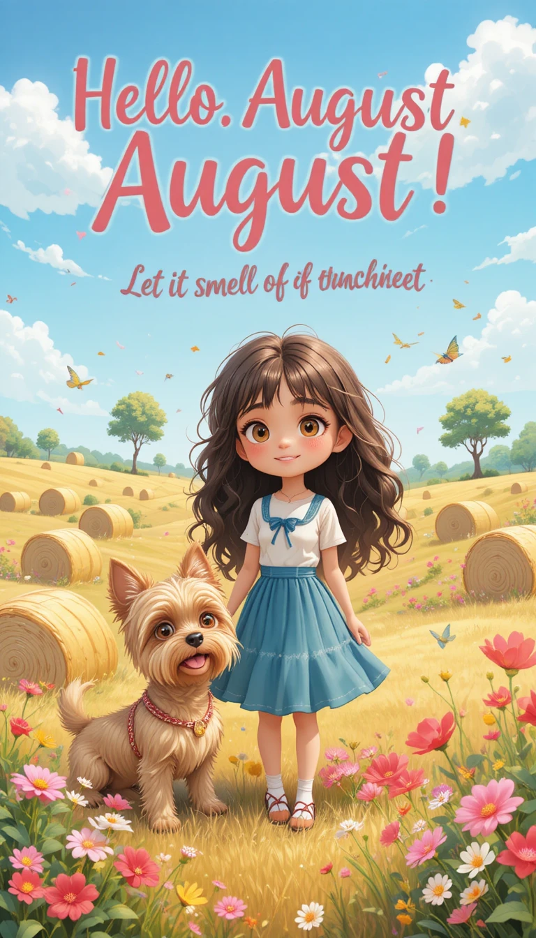 Cute girl and dog in a sunny August field illustration