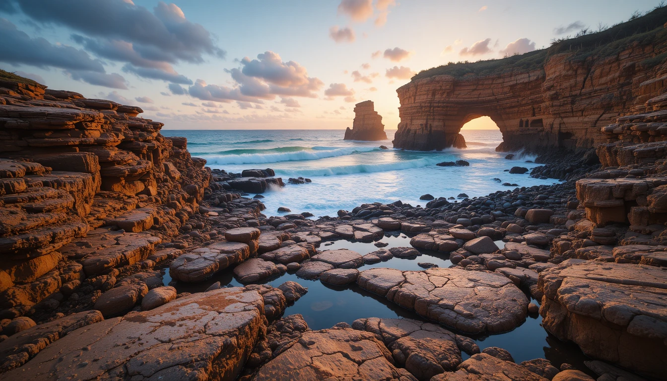 Paisagem marinha ao pôr do sol com falésias íngremes e arco de rocha