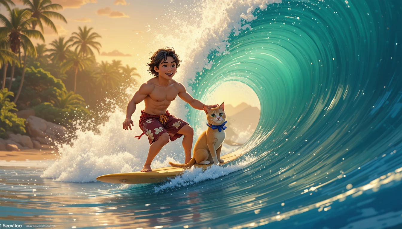 Surista havaiano surfando uma onda gigante com seu gato