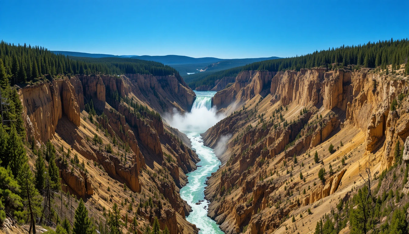 Wide canyon view with distant waterfall and winding river