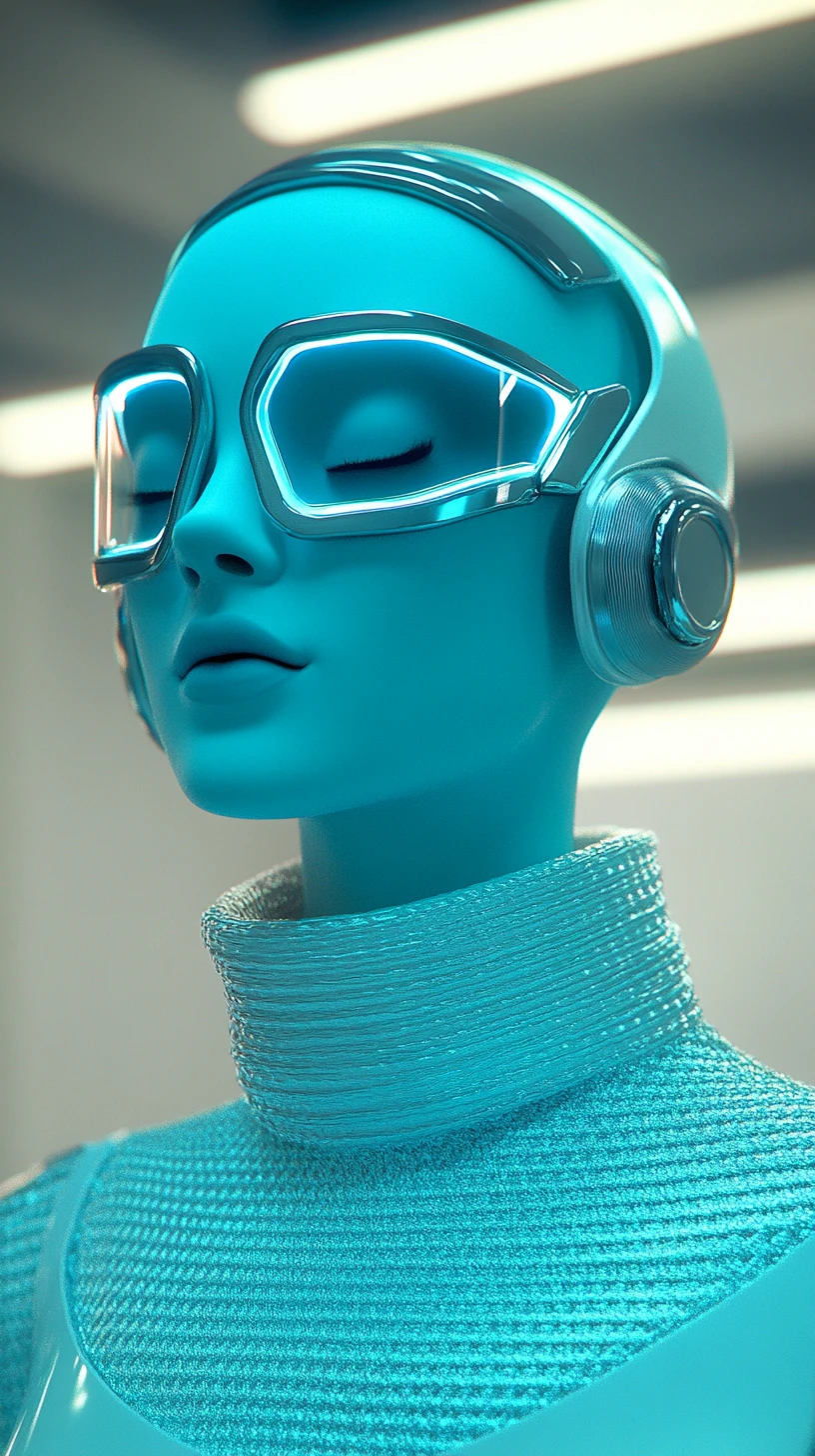 Mulher sci-fi surreal em armadura de cromo turquesa perfeita