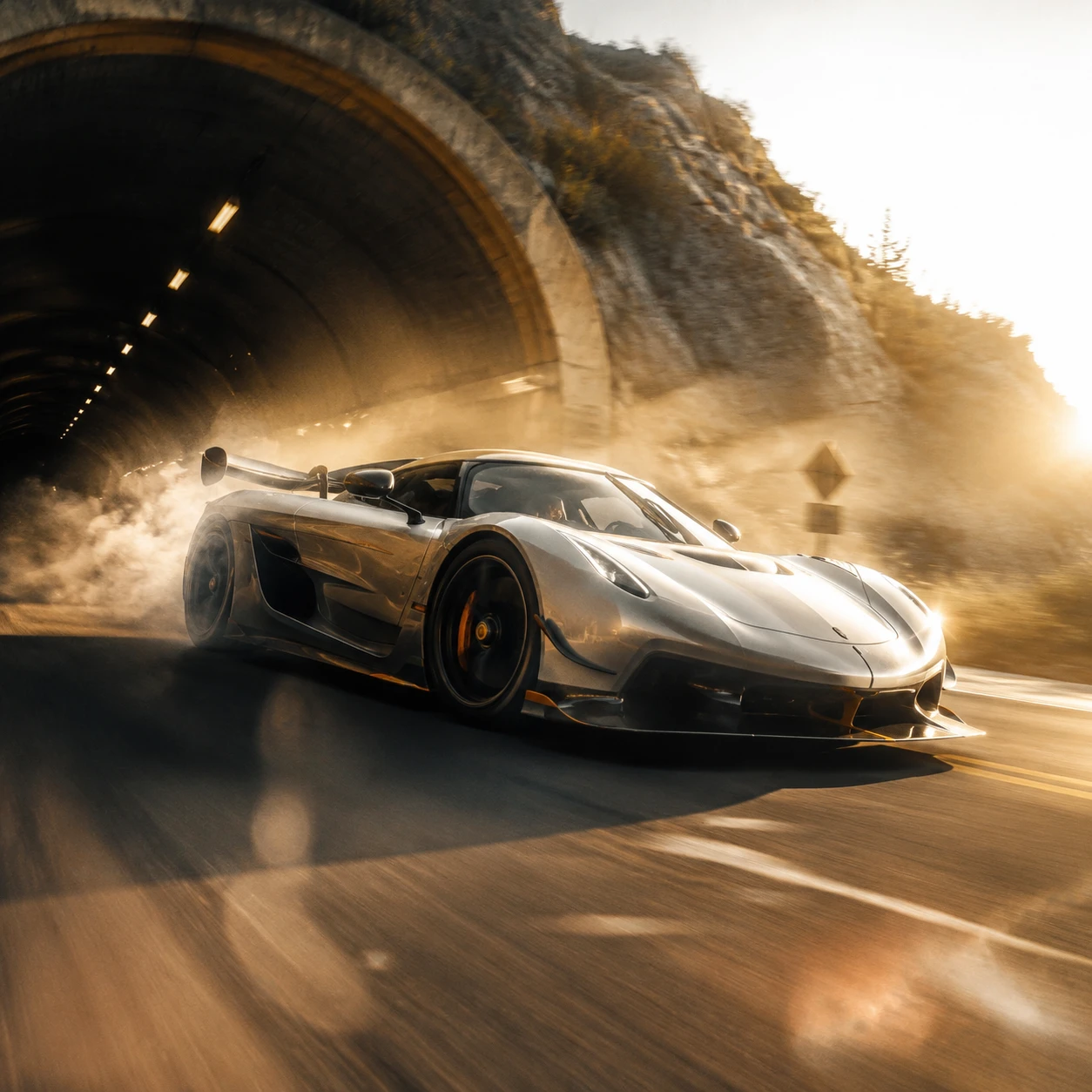 Hypercar blasting from dark tunnel into bright sunlight