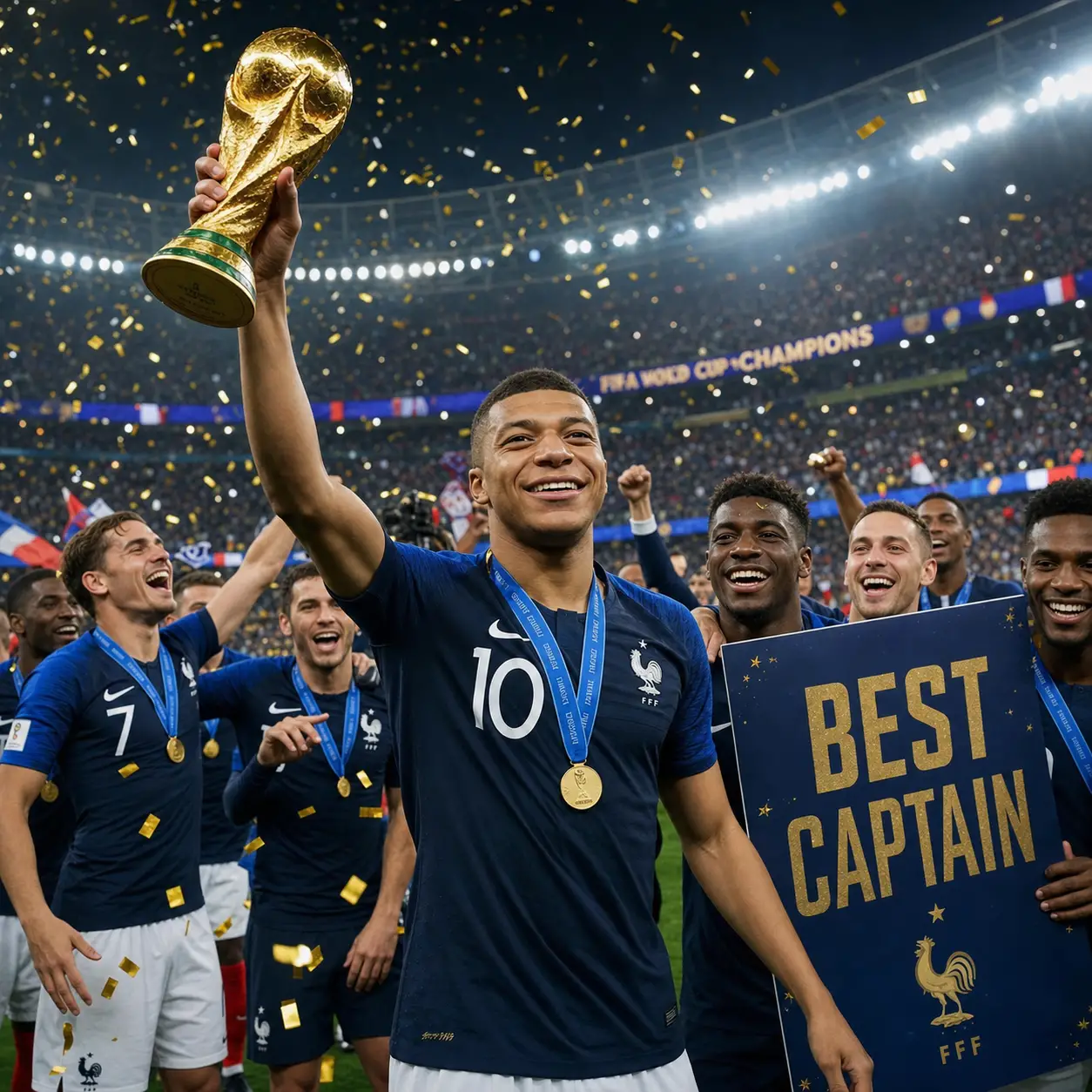 Soccer captain holding the World Cup with cheering fans