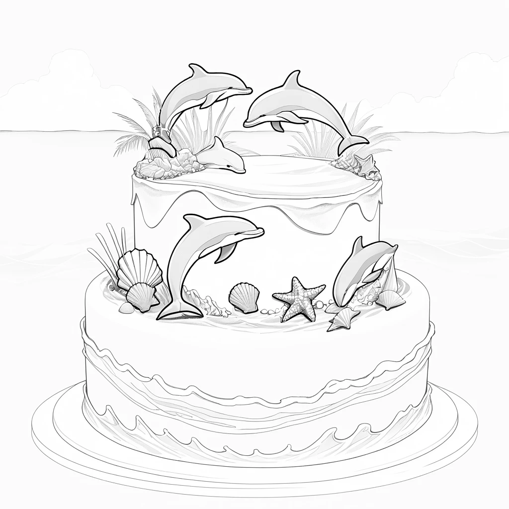 Bolo de aniversário alegre com golfinhos sobre ondas cintilantes do oceano