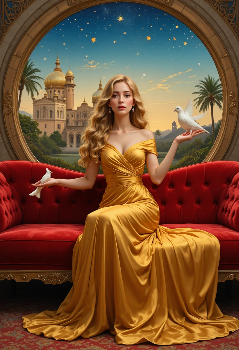 Elegante donna in oro con colomba su divano rosso