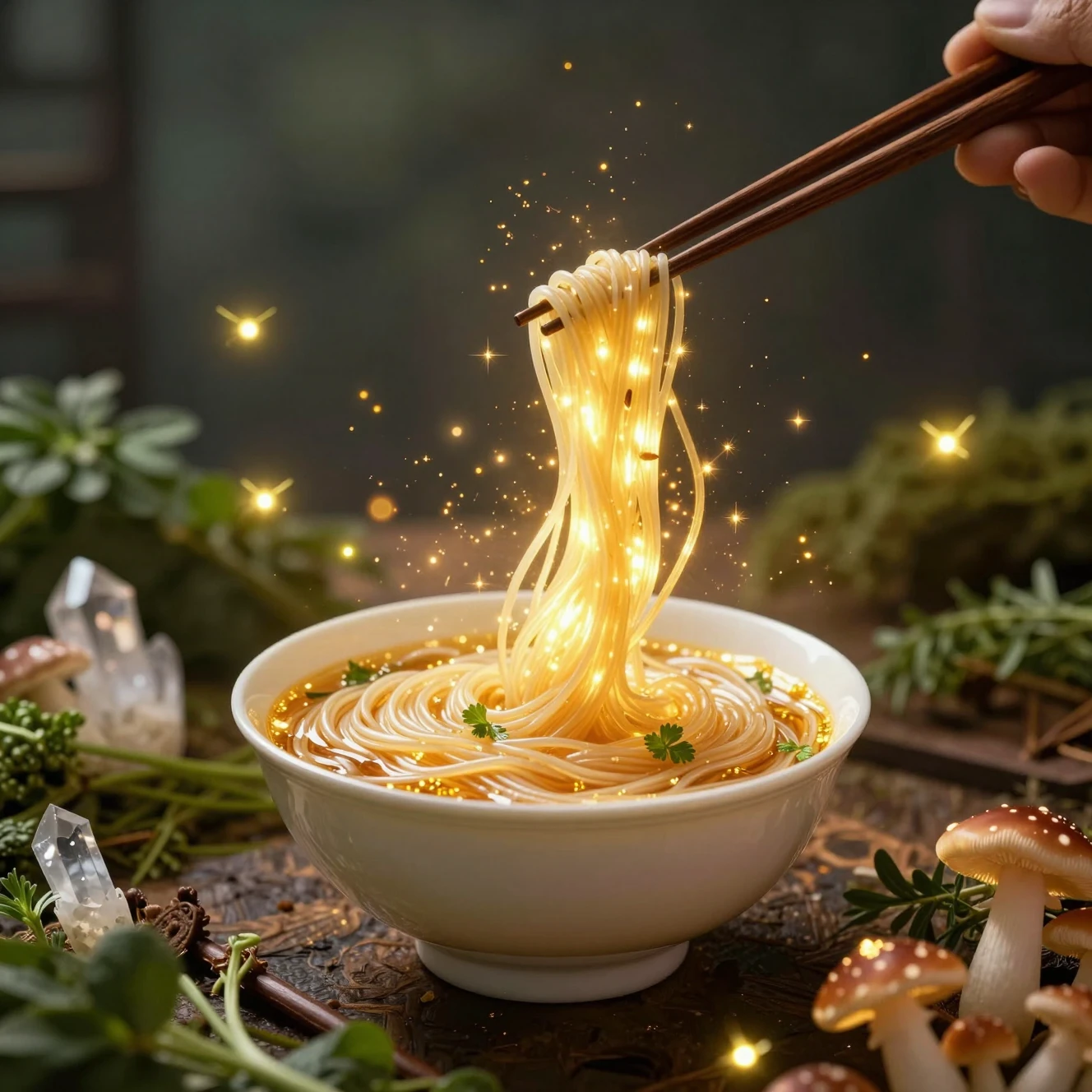 Enchanted Golden Noodles Floating In A Magical Bowl
