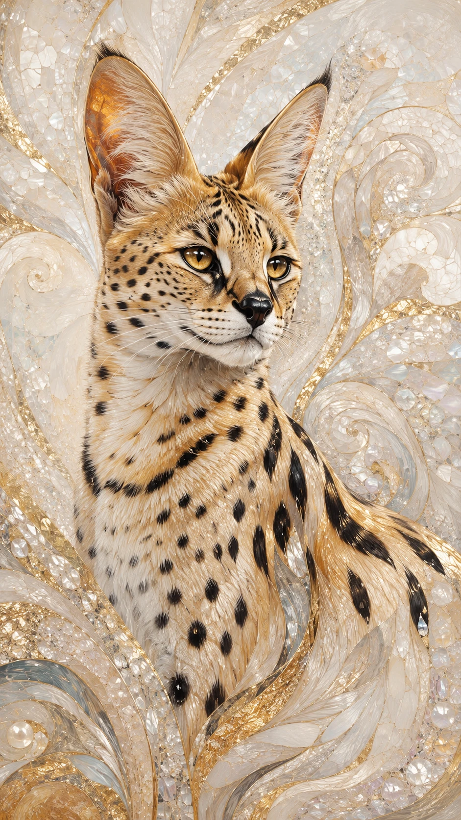 Eleganter Serval mit goldenen Akzenten in abstrakter Mosaikkunst