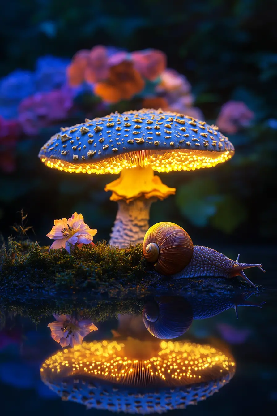 Fungo mostruoso e lumaca solitaria in grotta luminosa