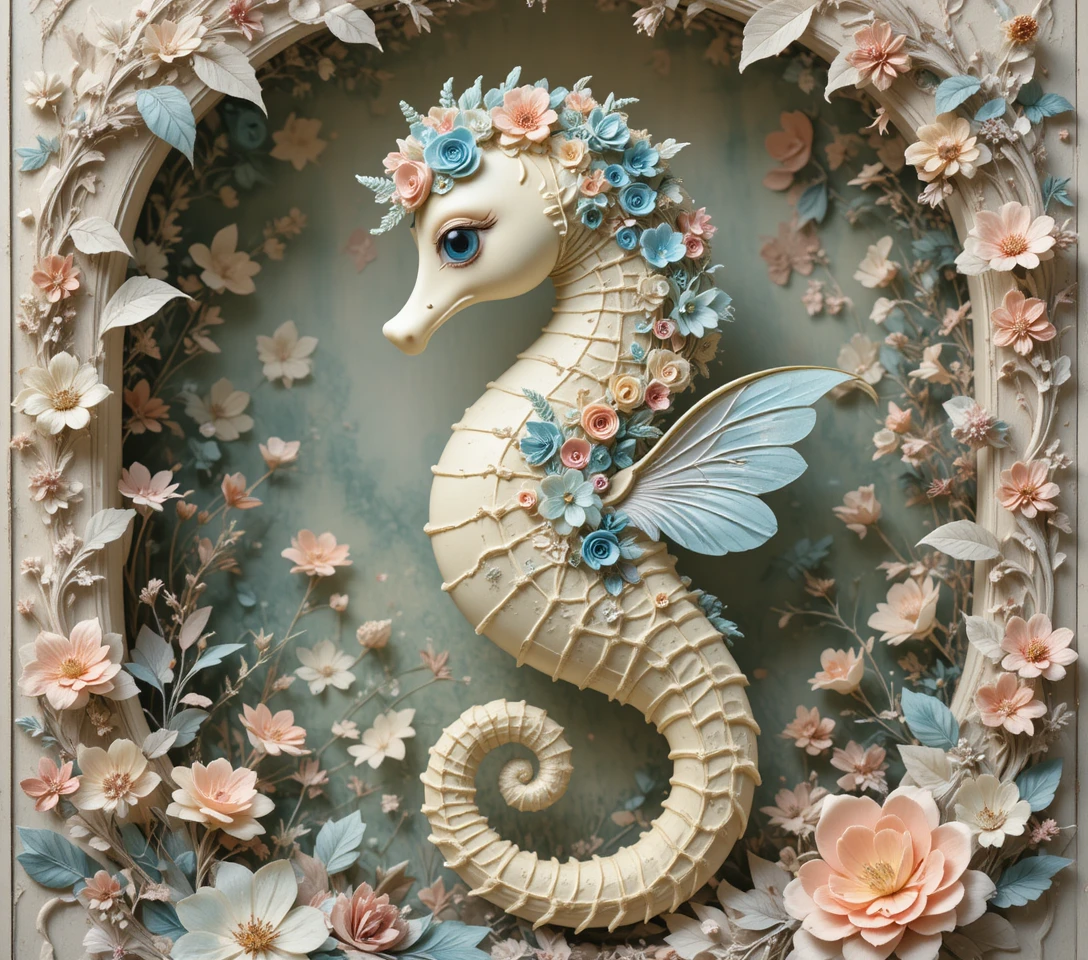 Träumerisches florales Seepferdchen in Pastell-Fantasy-Illustration