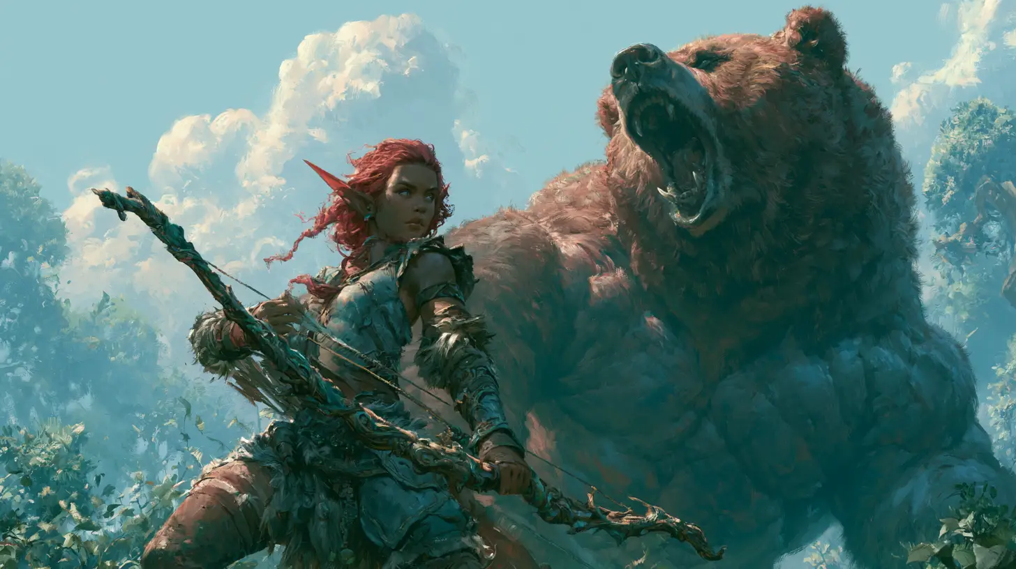 Elf warrior girl with roaring bear in mystical forest