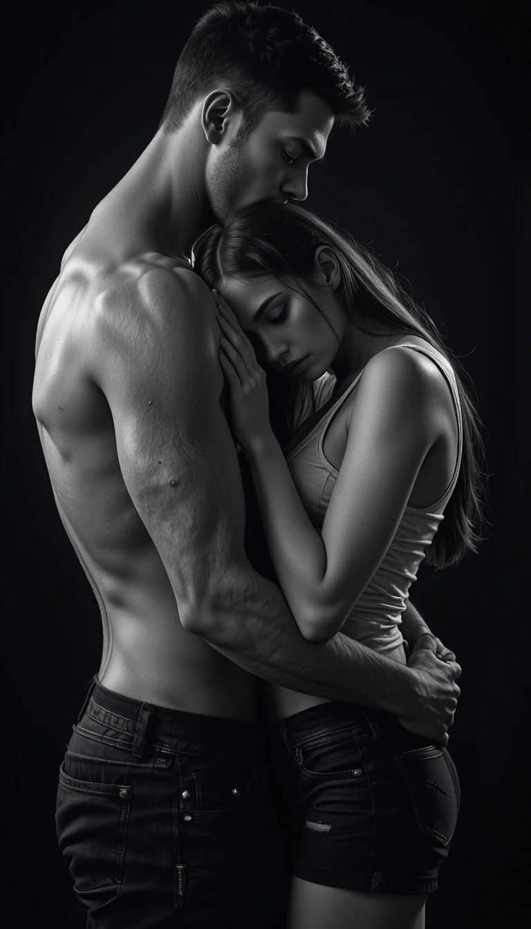 Intimate monochrome embrace of a young couple in studio