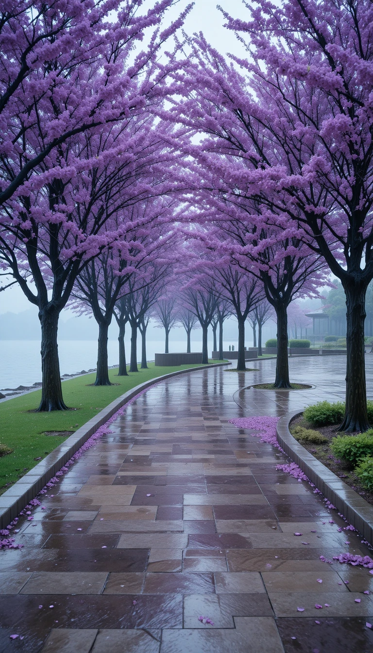 Paseo lluvioso junto al lago bajo un túnel de árboles con flores moradas