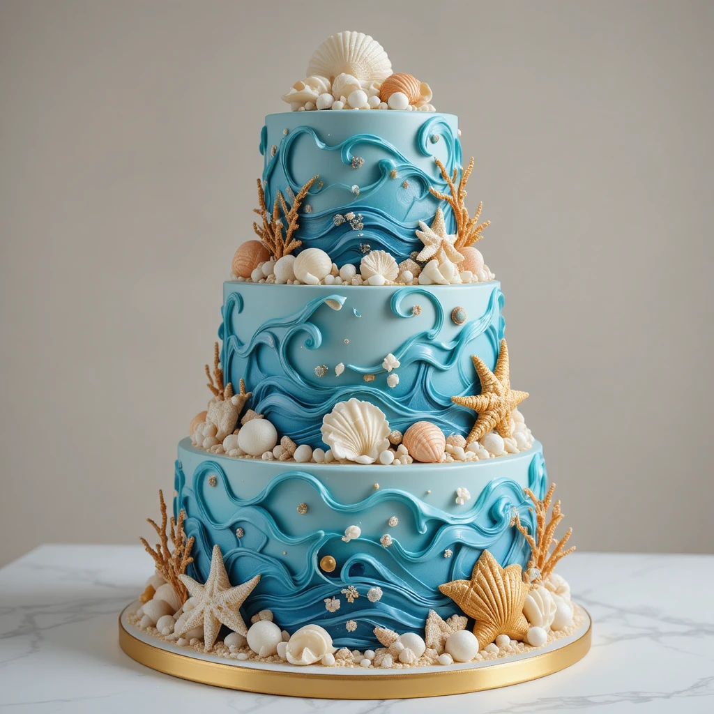 Three tier ocean themed cake with seashell and coral decor