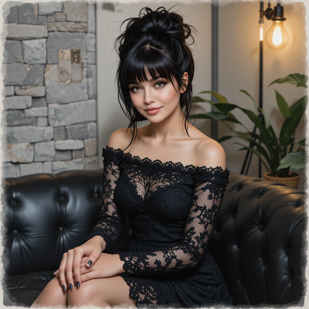 Elegant woman in black lace on leather sofa