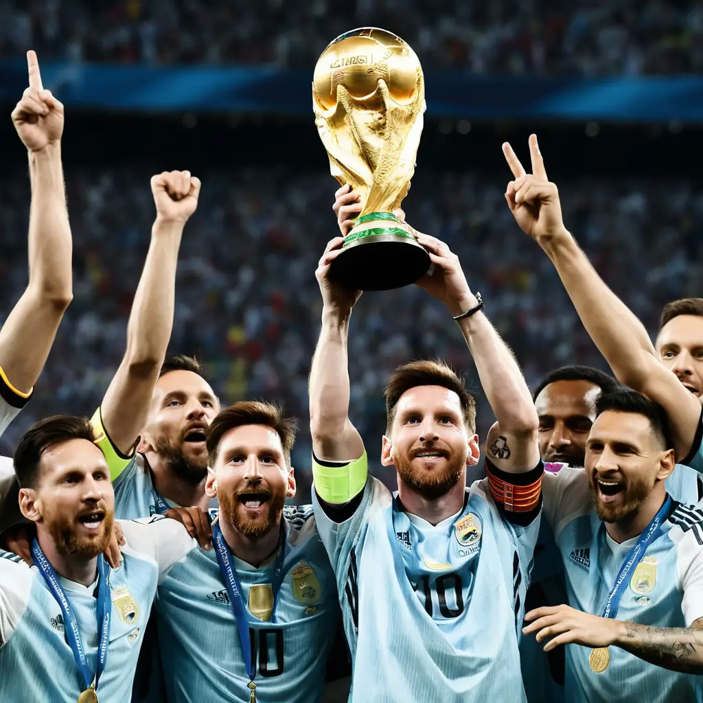 Soccer champion lifting world cup trophy with cheering teammates