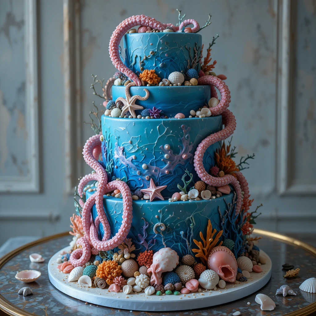 Bolo oceânico fantástico com tentáculos de polvo e detalhes de coral