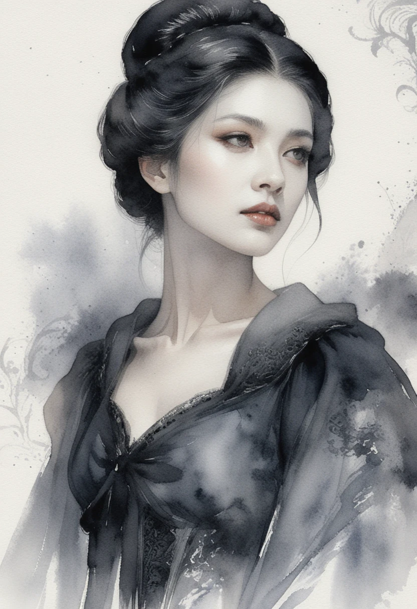 Elegant gothic woman in flowing black victorian gown