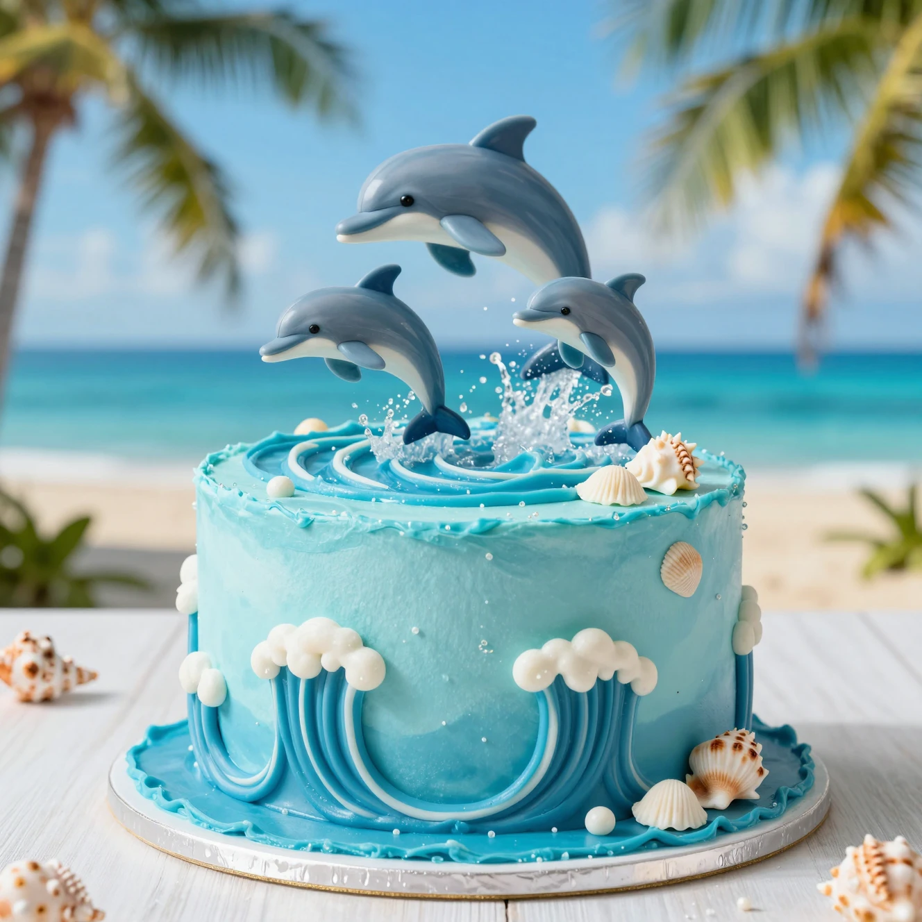 充滿喜悅的海豚與閃耀海浪生日蛋糕