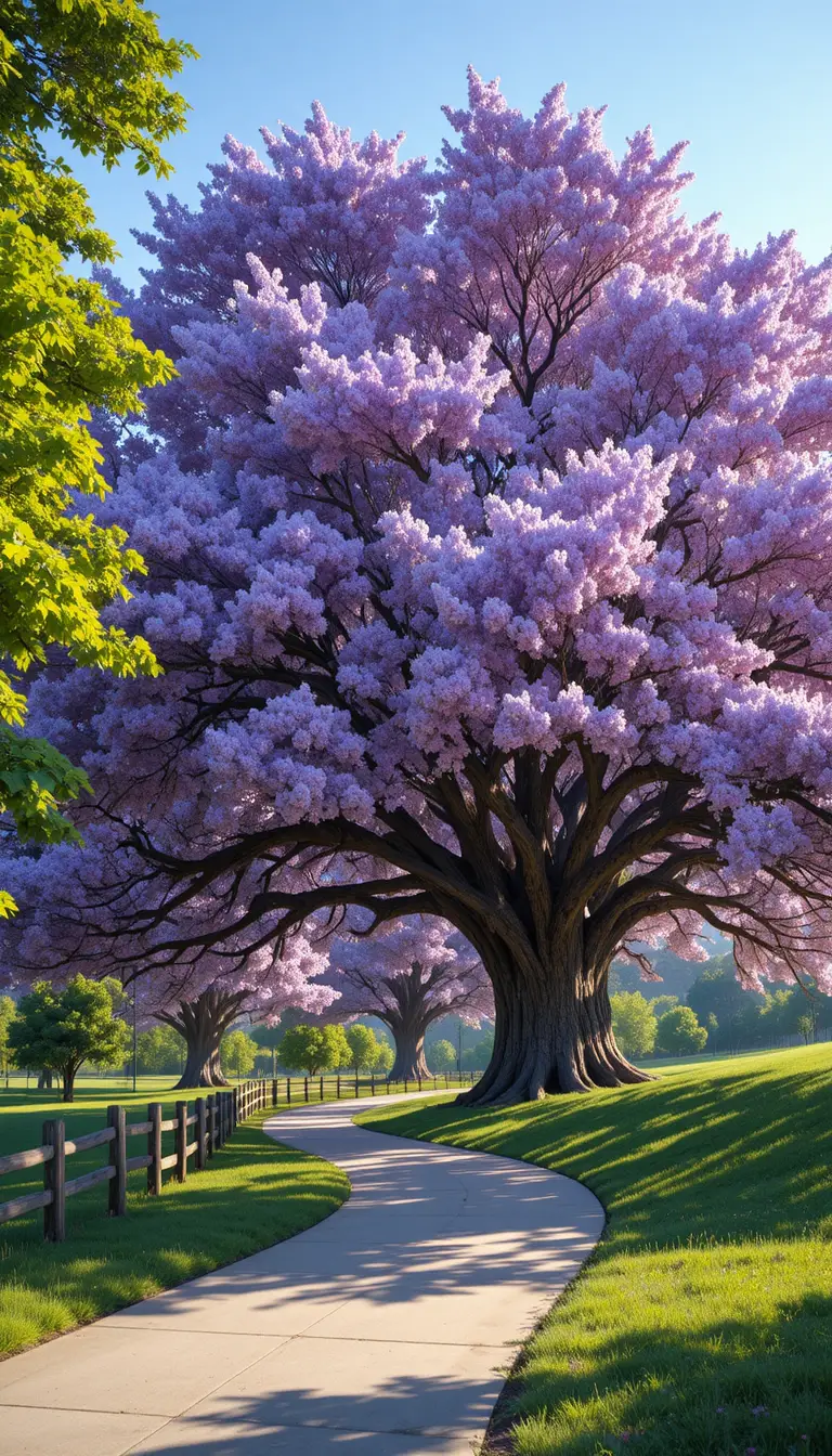 薰衣草色開花大樹拱覆在陽光灑落的公園小徑上