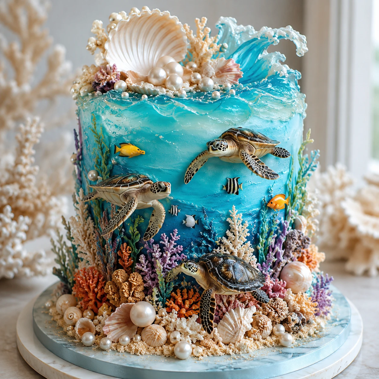 Ozean-Torte mit Schildkröten, Korallen und Muschel-Details