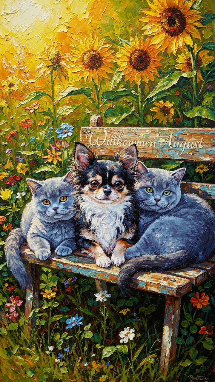 Flauschiger Chihuahua und Katzen in einem farbenfrohen Impasto-Garten