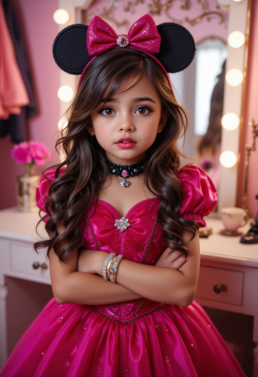Menino hispânico com fantasia de princesa Minnie ao lado de penteadeira