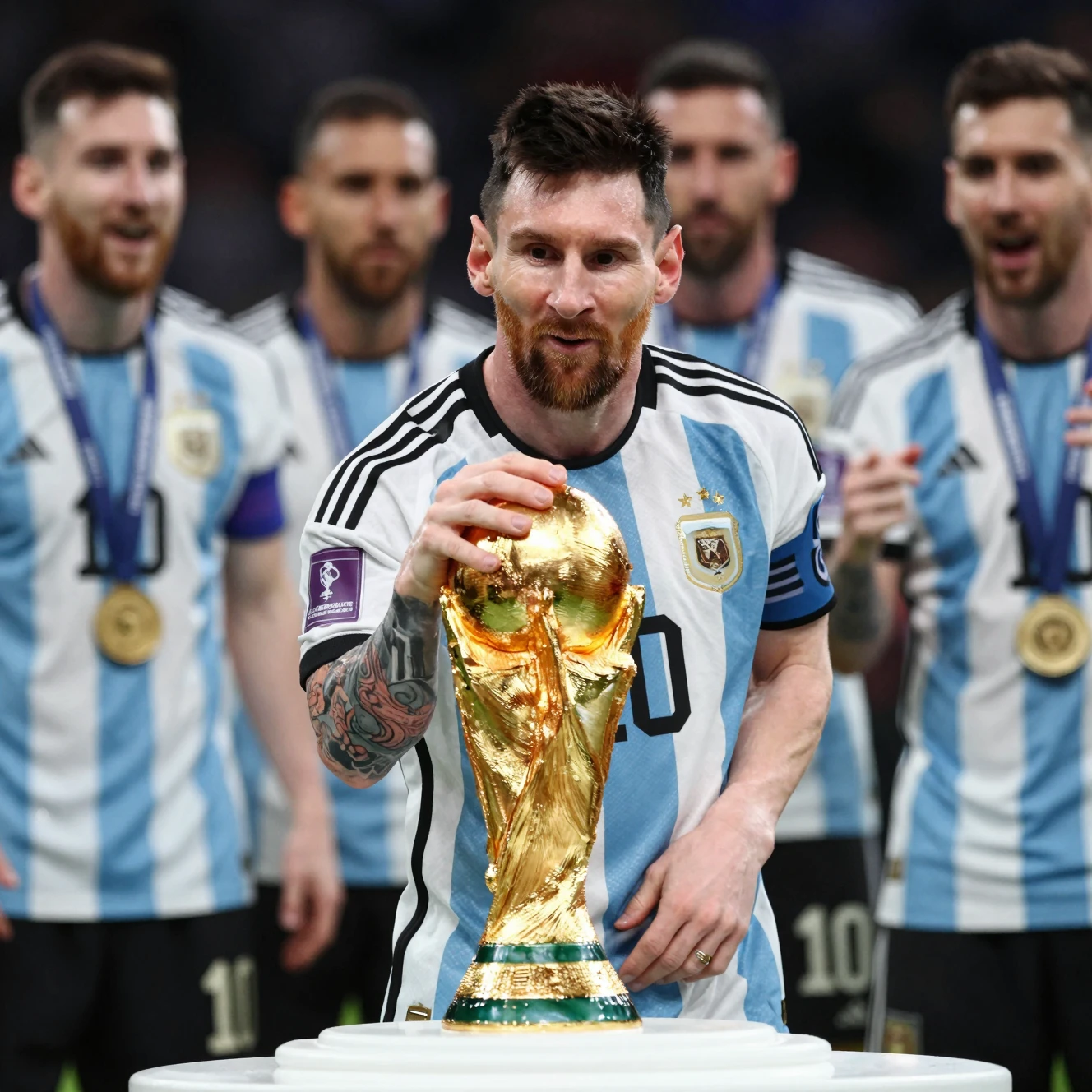 サッカー王者がチームメイトの歓声の中でワールドカップトロフィーを掲げる