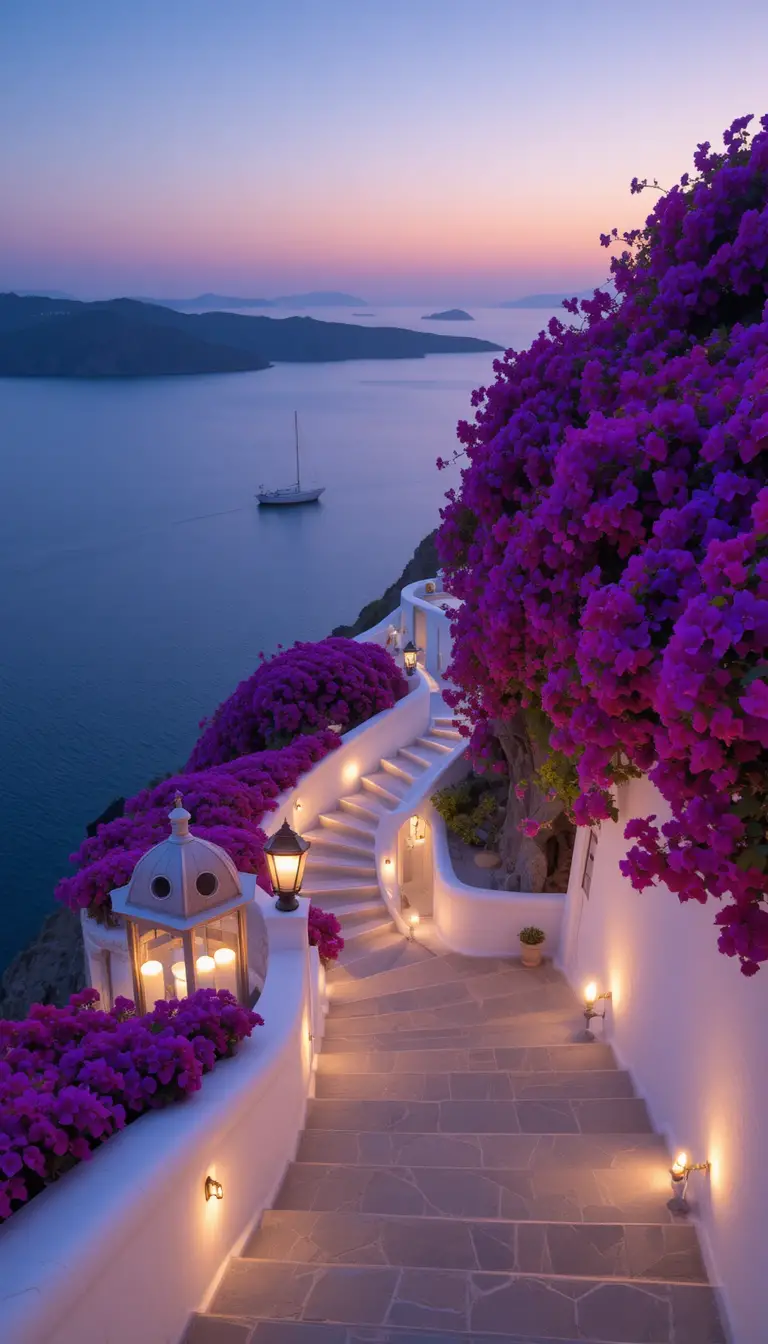 Romantic Mediterranean cliffside staircase at blue hour