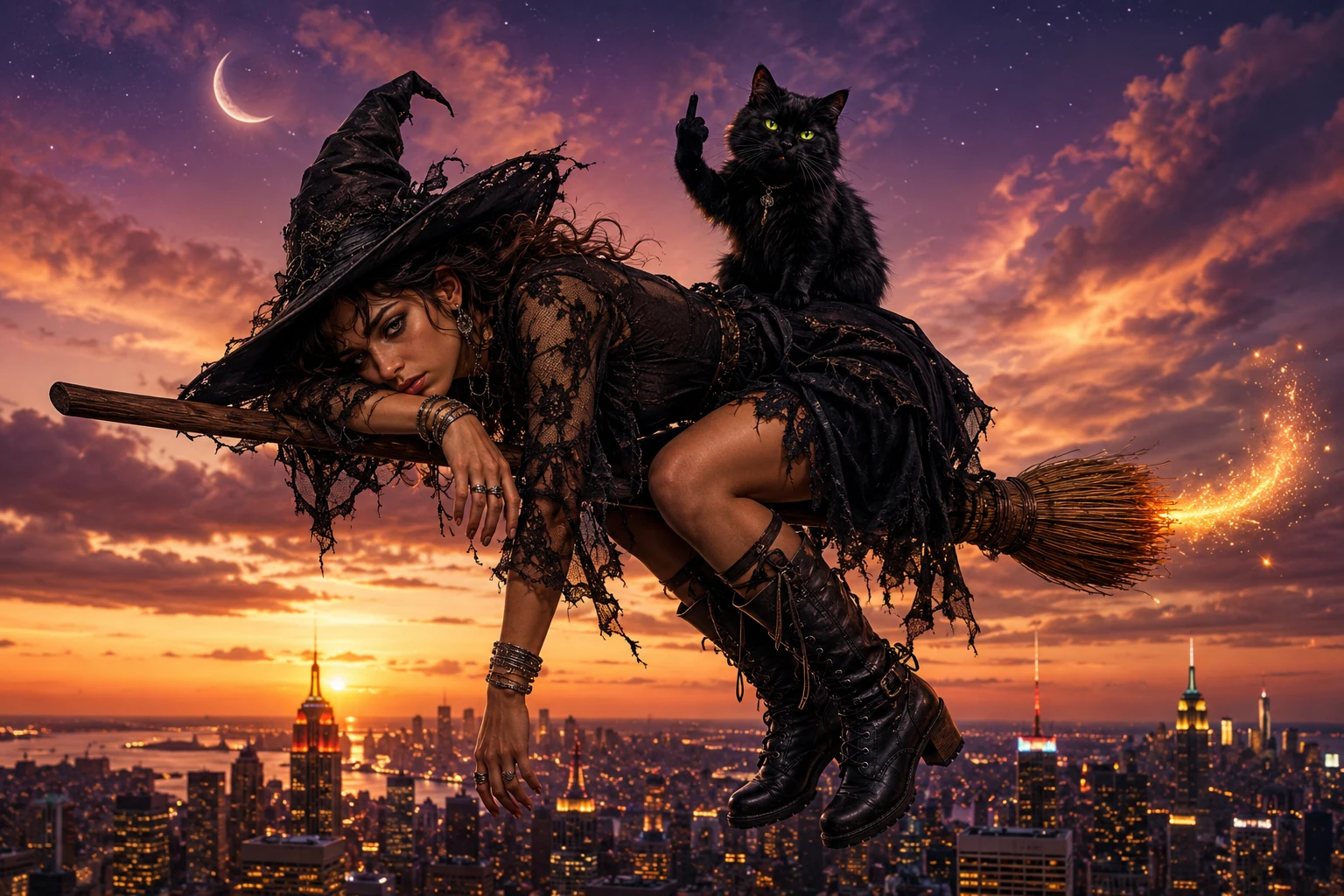 Tired witch on a broom over a glowing city