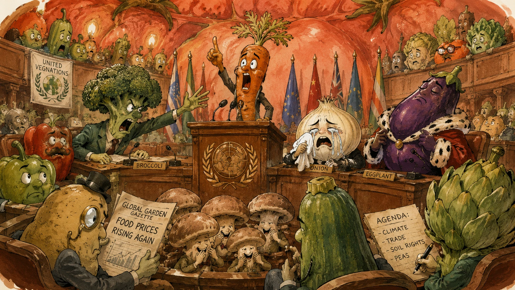 Vegetable politicians debate inside a grand tomato parliament