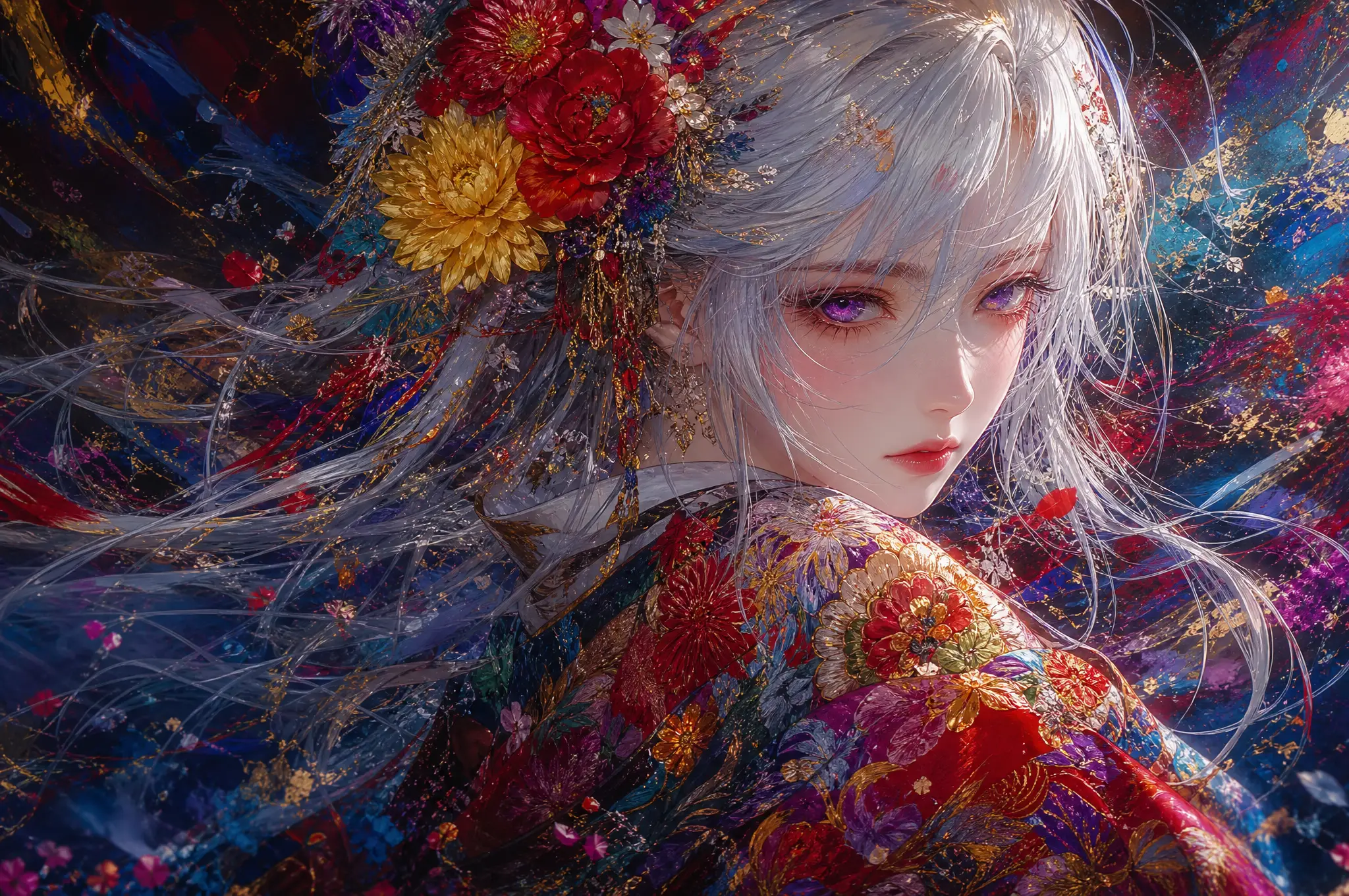 銀髮花卉和服動漫女性肖像