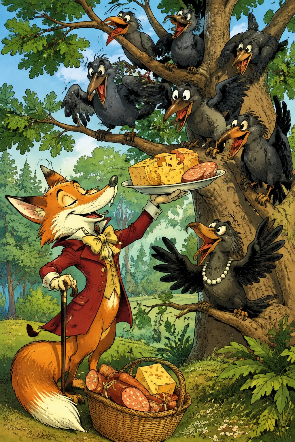Ilustração em quadrinhos de corvos divertidos na floresta
