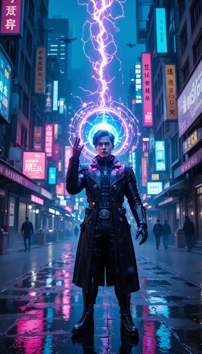Guerreiro cyberpunk invocando plasma brilhante em viela neon