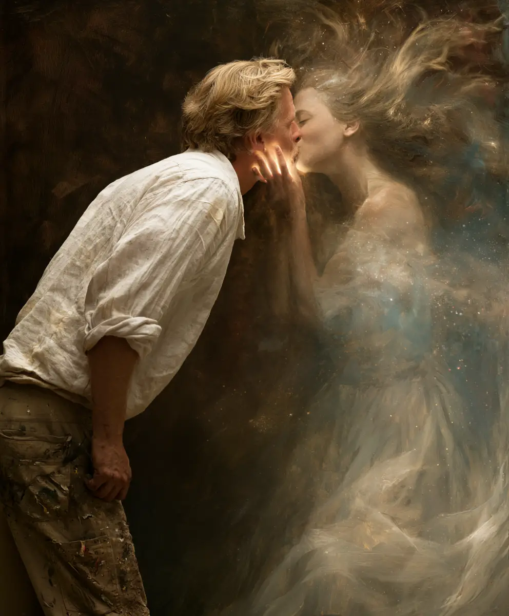 Painter kissing a woman emerging from his canvas