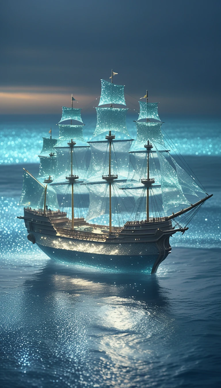 Navire de cristal aux voiles papillon illuminées au coucher du soleil