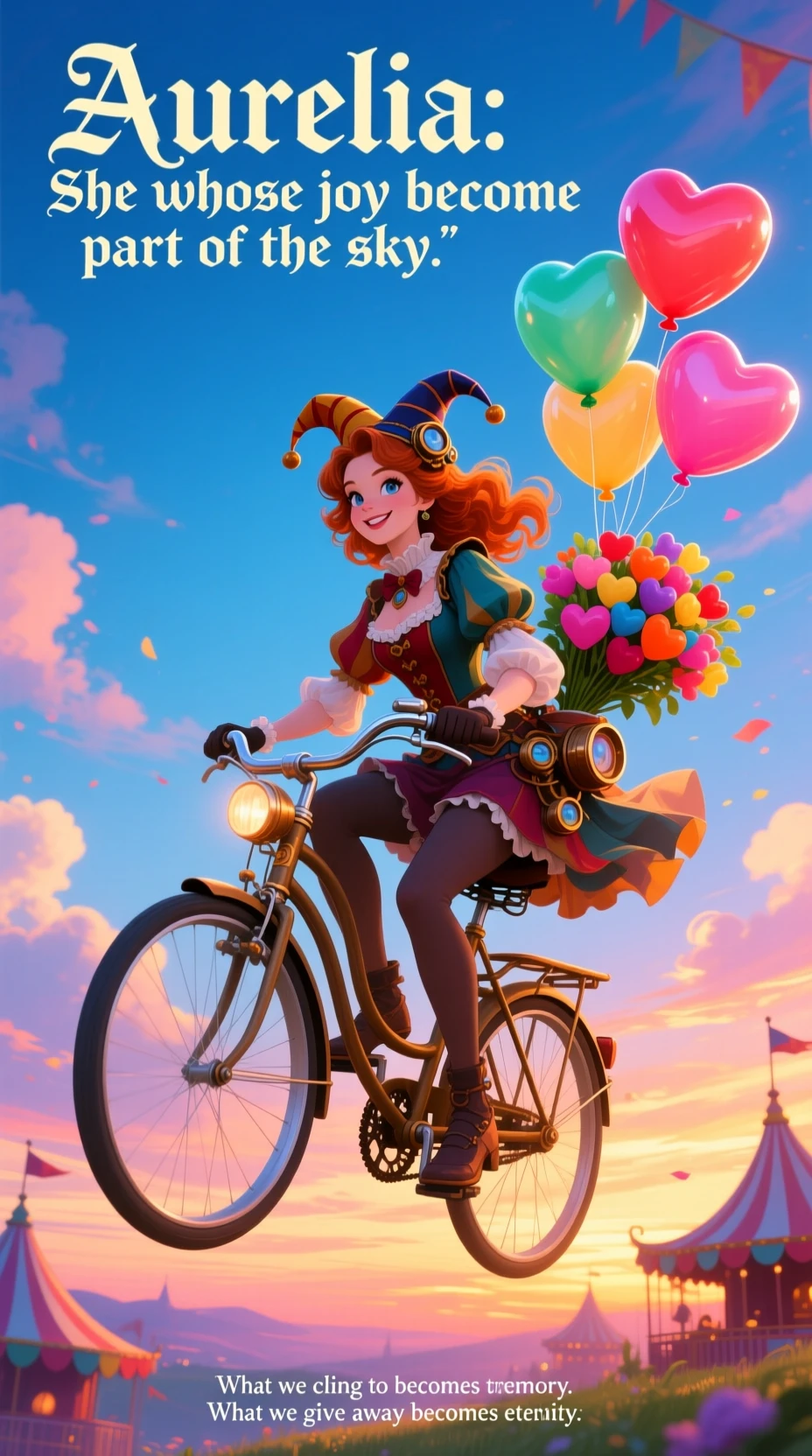 Garota boba e fantasiosa andando de bicicleta de roda alta ao pôr do sol