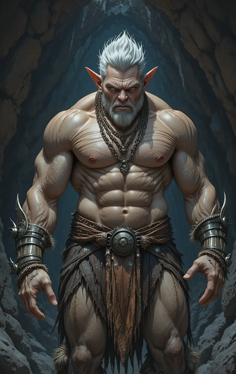 Einschüchternder Fantasy-Trollkrieger in einer schattigen Höhle