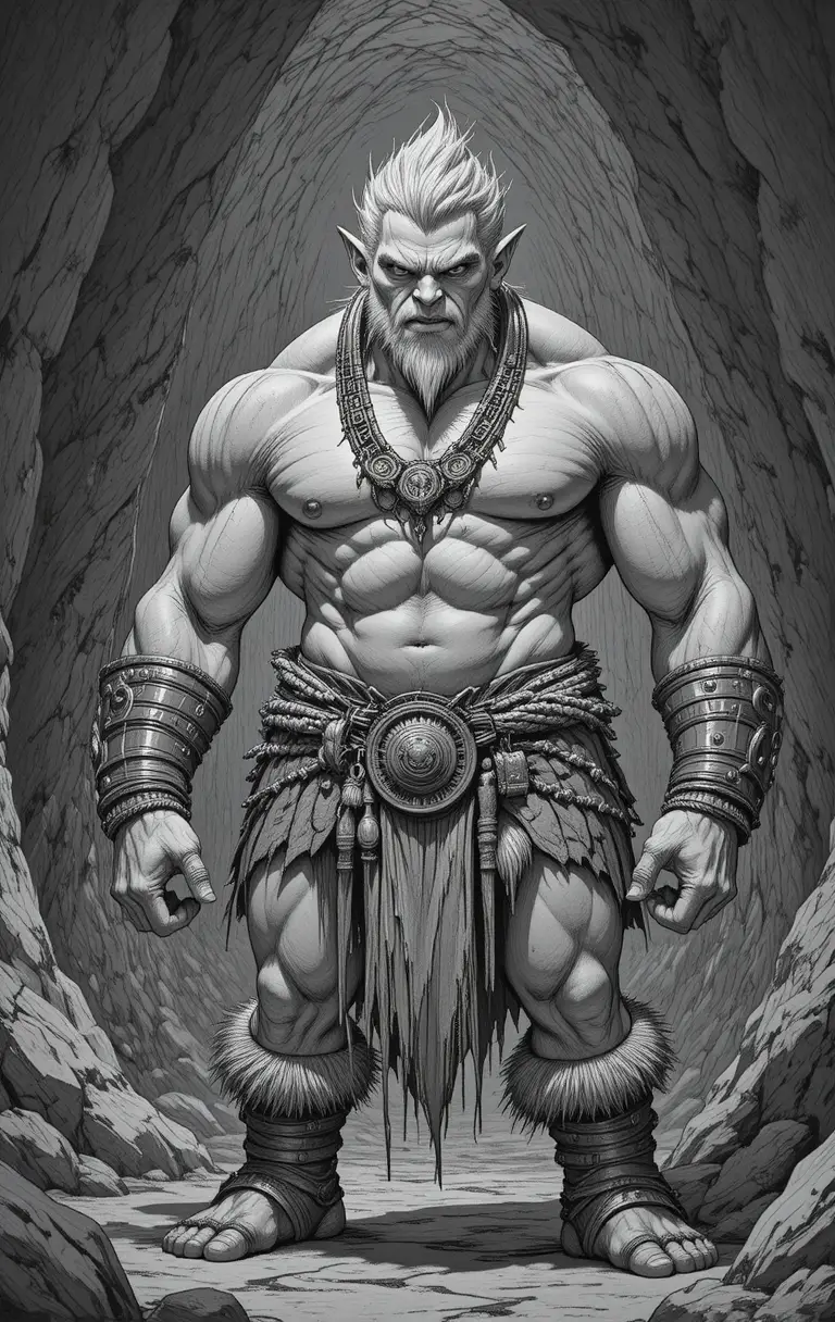 Muskulöser Trollkrieger mit silbernem Haar in einer schattigen Höhle
