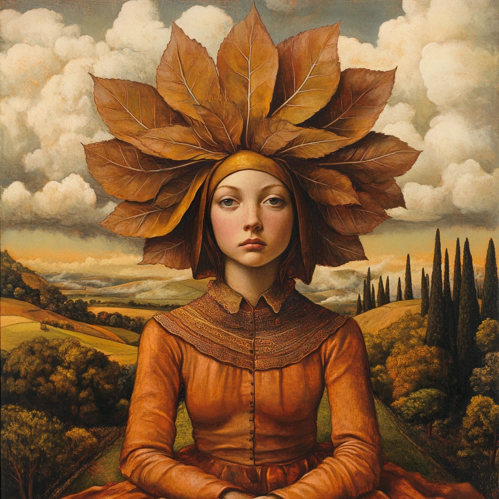 Junge Frau in surrealer Landschaft mit Blattkopfschmuck