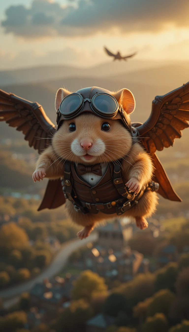 Hamster inventor vitoriano voando sobre um vale ao pôr do sol