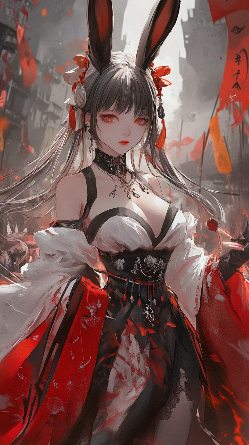 華麗蕾絲上衣的兔耳少女插畫