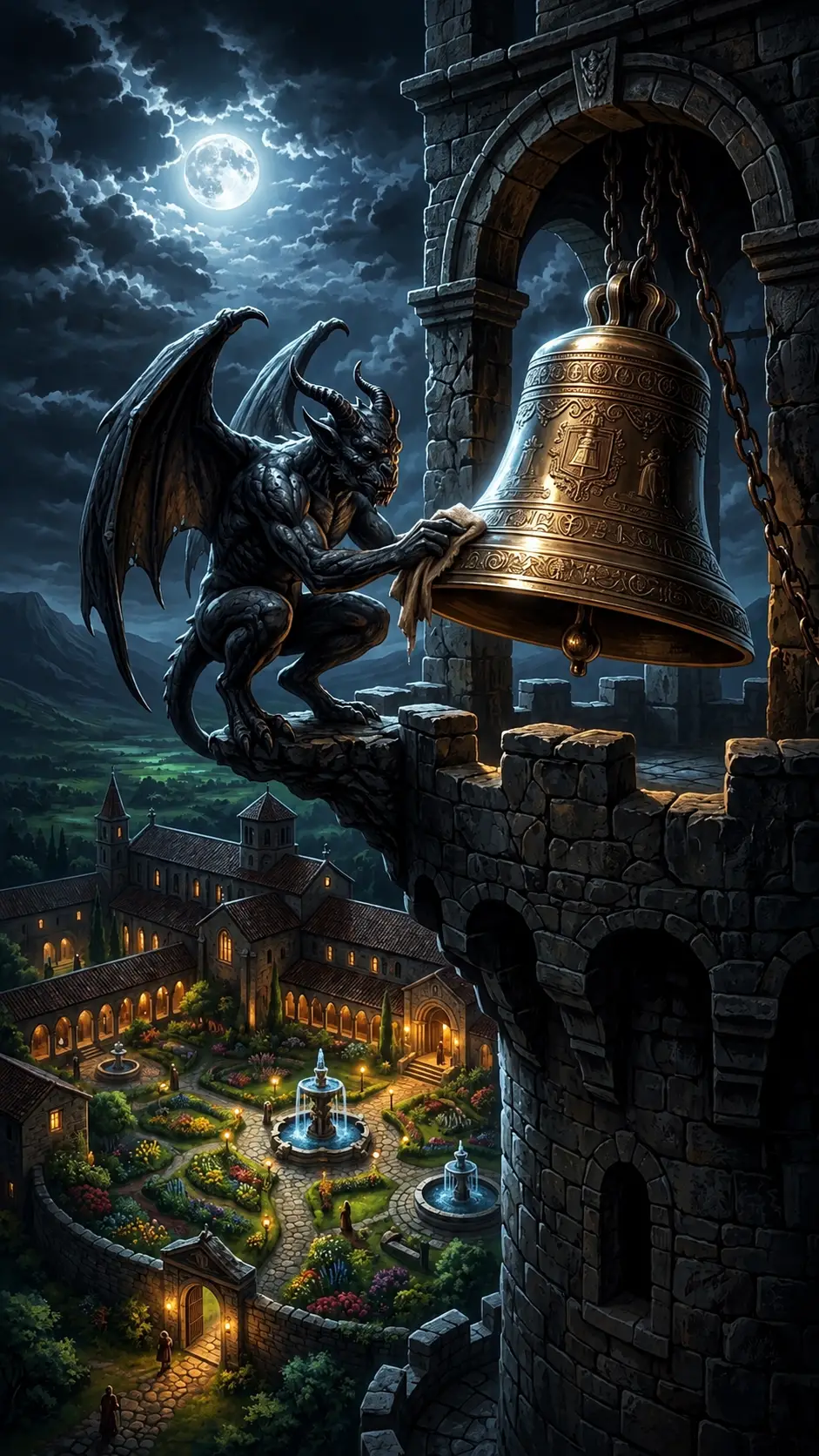 Antike Gargoyle mit bronzener Glocke über mondbeschienenem Kloster