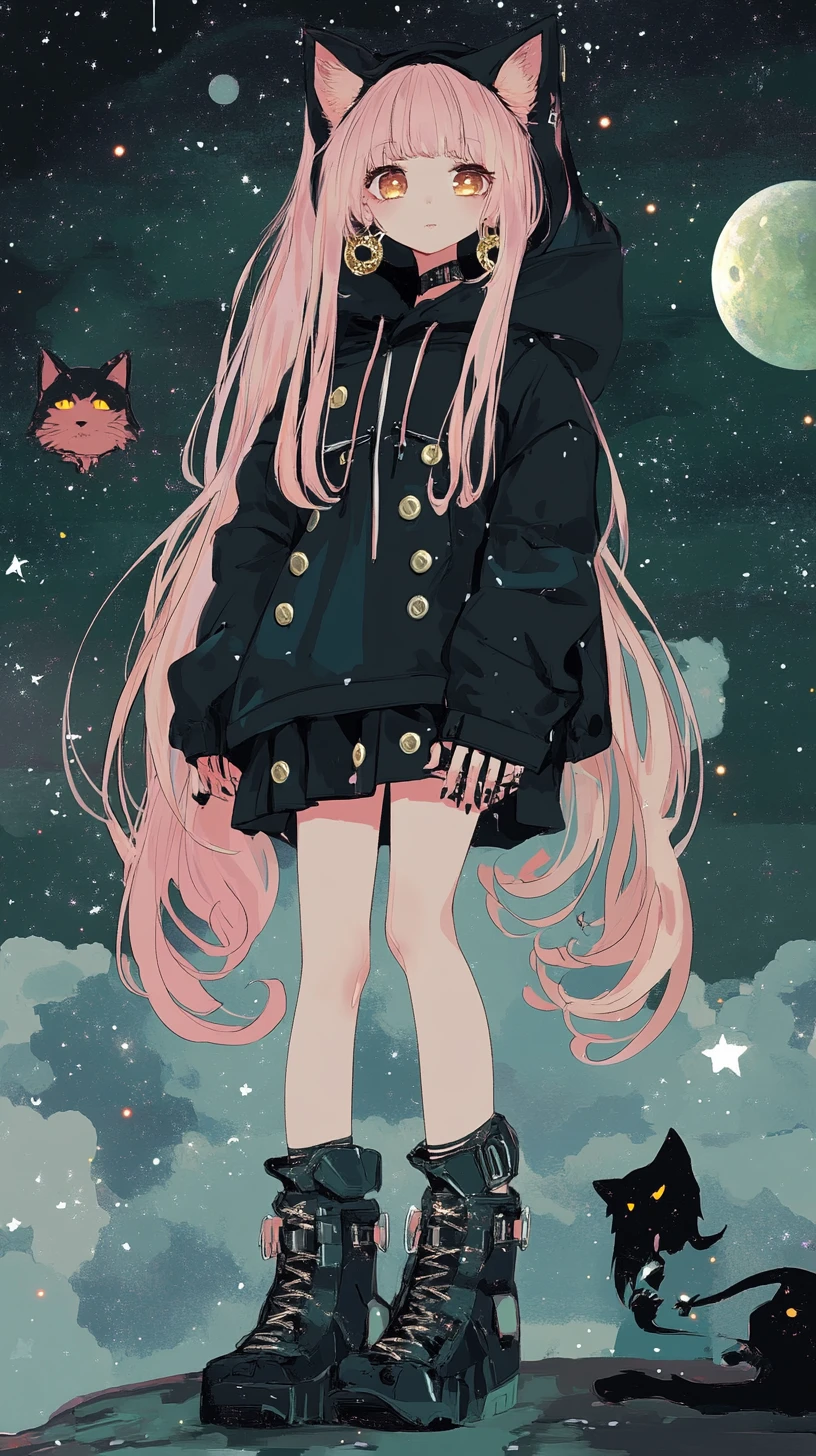 Ragazza anime dai capelli rosa in una scena spaziale dettagliata
