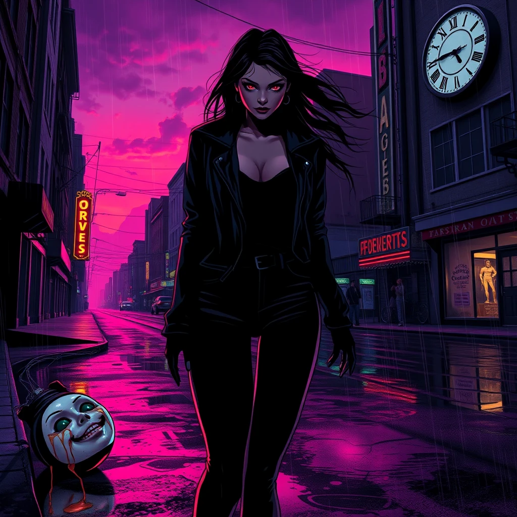 Mulher sozinha em uma rua molhada de cidade surreal