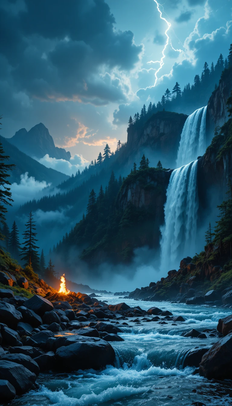 Epic Mountain Waterfall Lit By Lightning And Moonlight