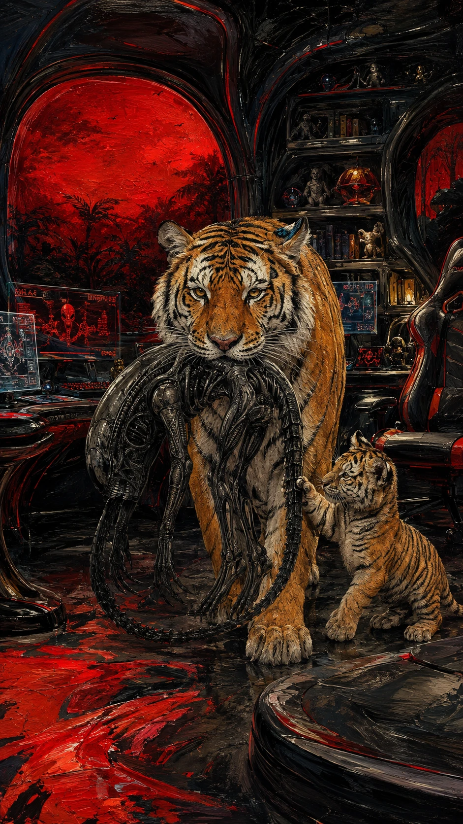 Bengalische Tigerin trägt außerirdische Beute in dunklem Sci‑Fi‑Unterschlupf