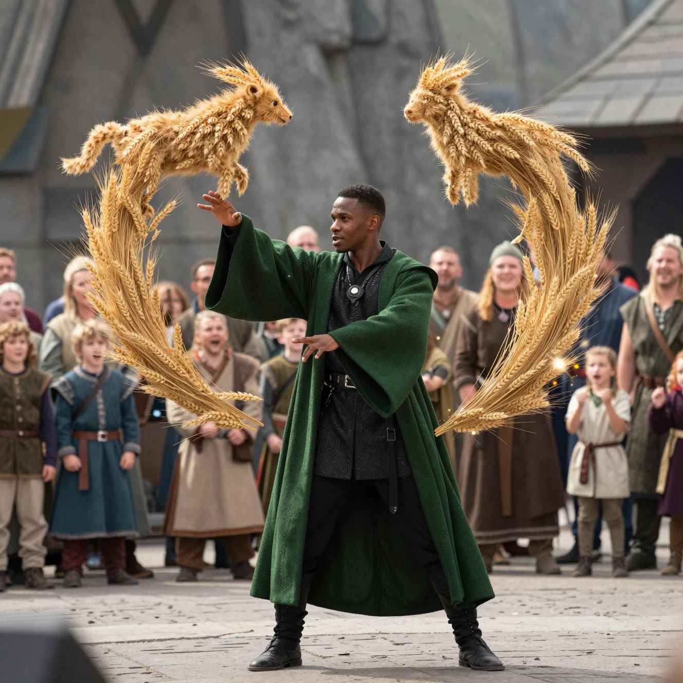 Young mage shaping floating wheat animals in a plaza