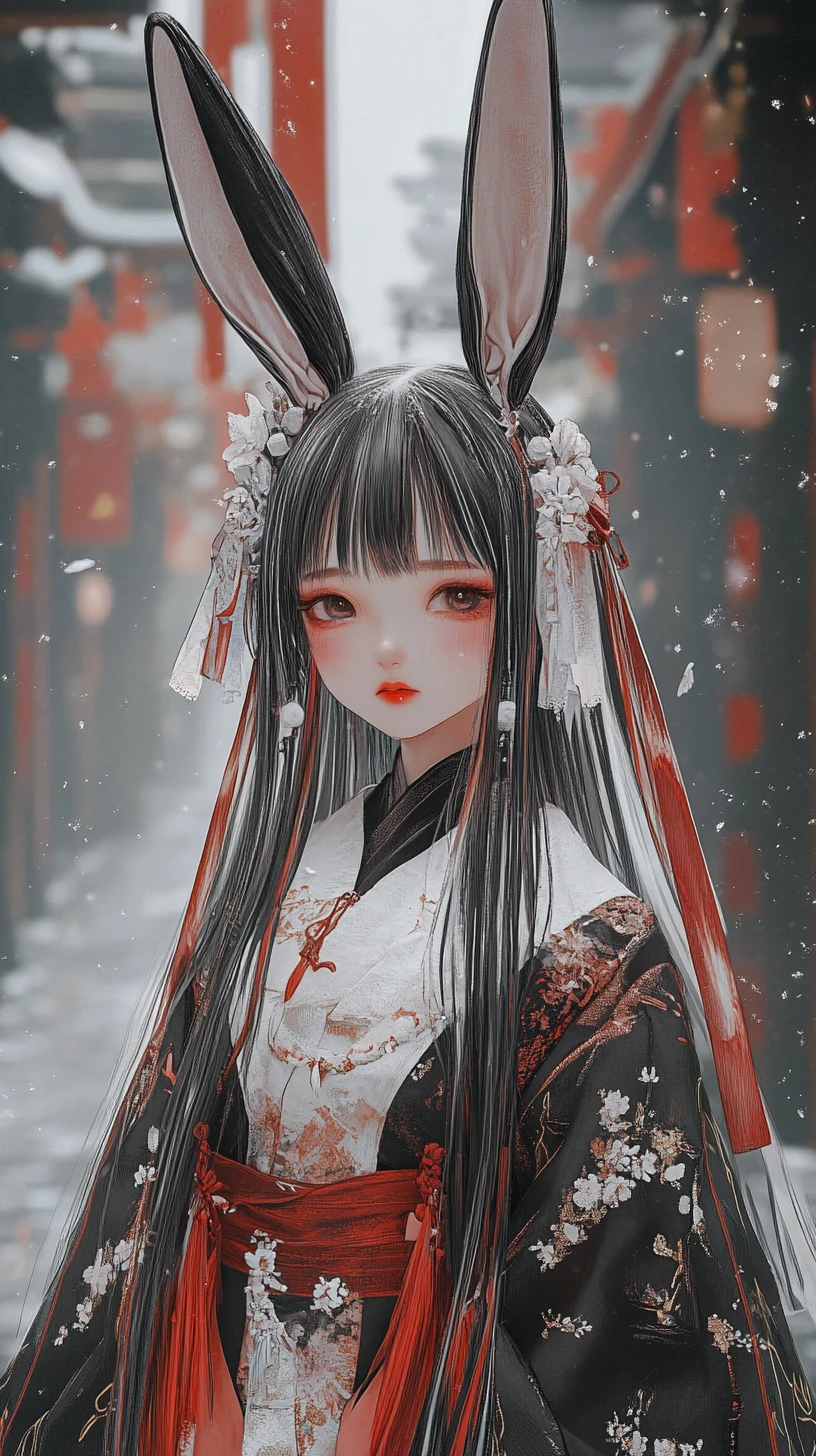 Anime-Mädchen mit langen Hasenohren in aufwendigem Outfit