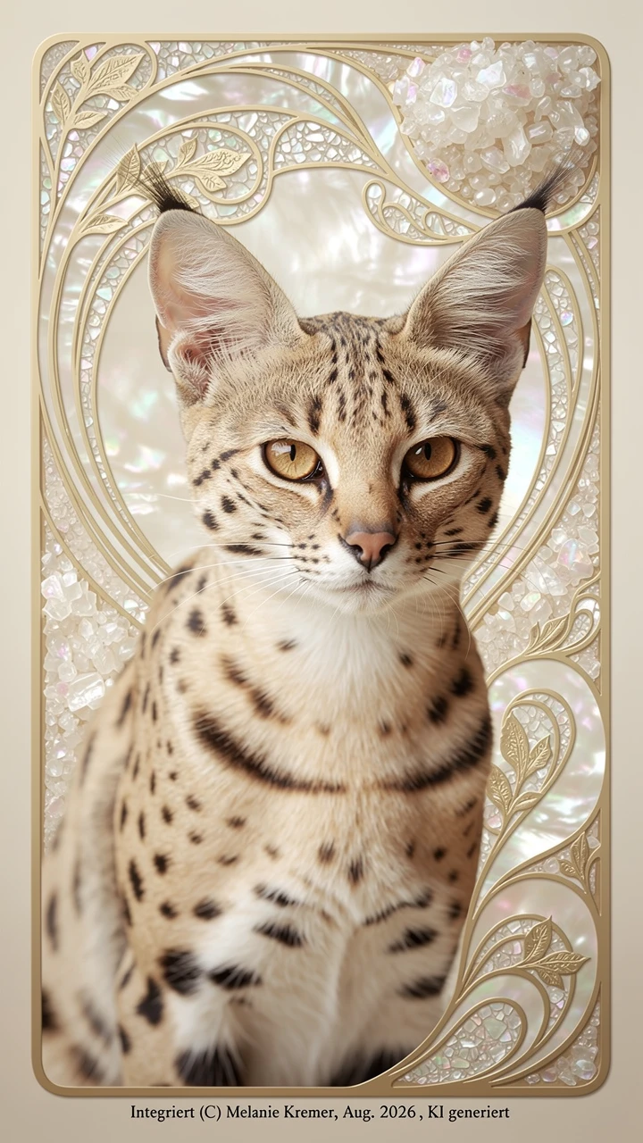 Retrato majestoso de gato-serval com fundo perolado ornamentado
